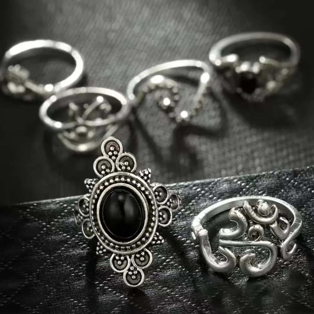 Boho Vintage Black Gemstone Geometric Ring Set 13pc - Picture 3 of 6